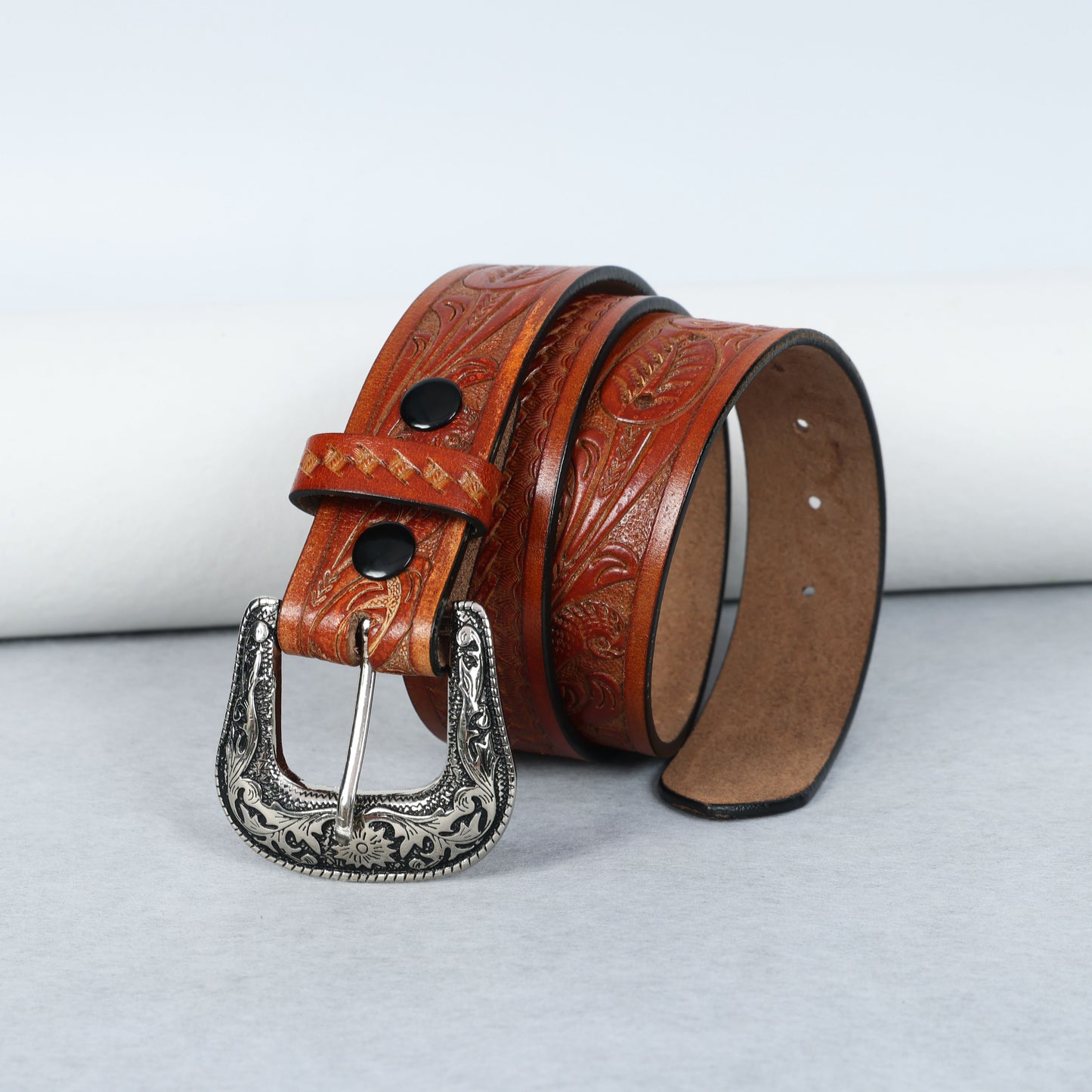 Berbanto Two Tone Tan Leather Western Belt with Western Engraved Rustic Silver Buckle + Free Antique Plain Buckle