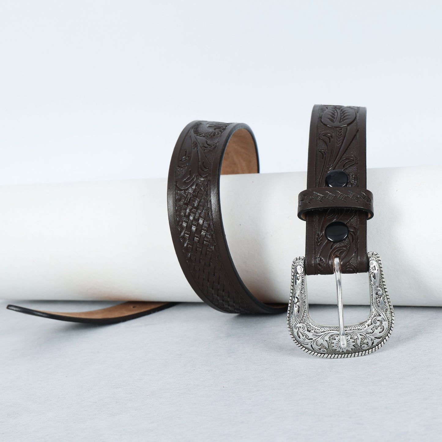 Berbanto Dark Brown Leather Western Belt with Western Engraved Silver Buckle + Free Antique Plain Buckle