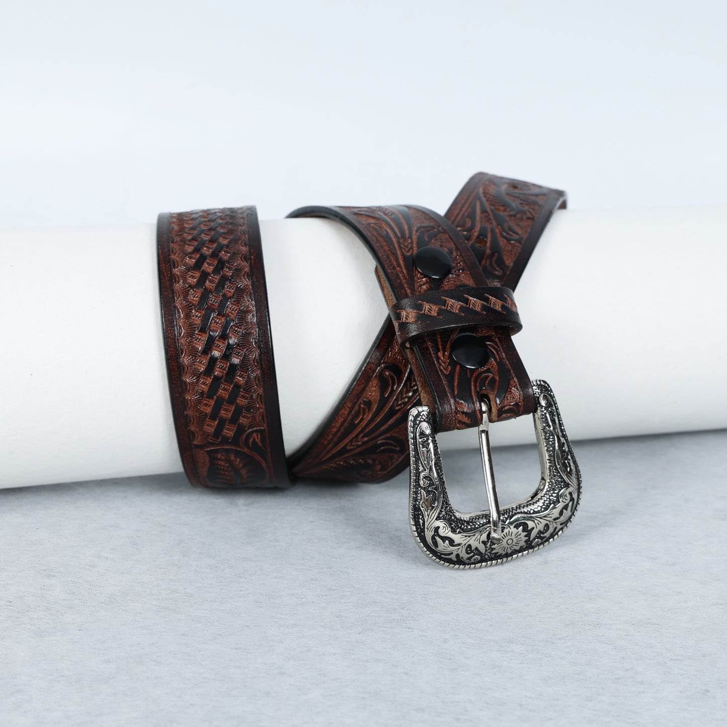 Berbanto Two Tone Brown Leather Western Belt with Western Engraved Rustic Silver Buckle + Free Antique Plain Buckle