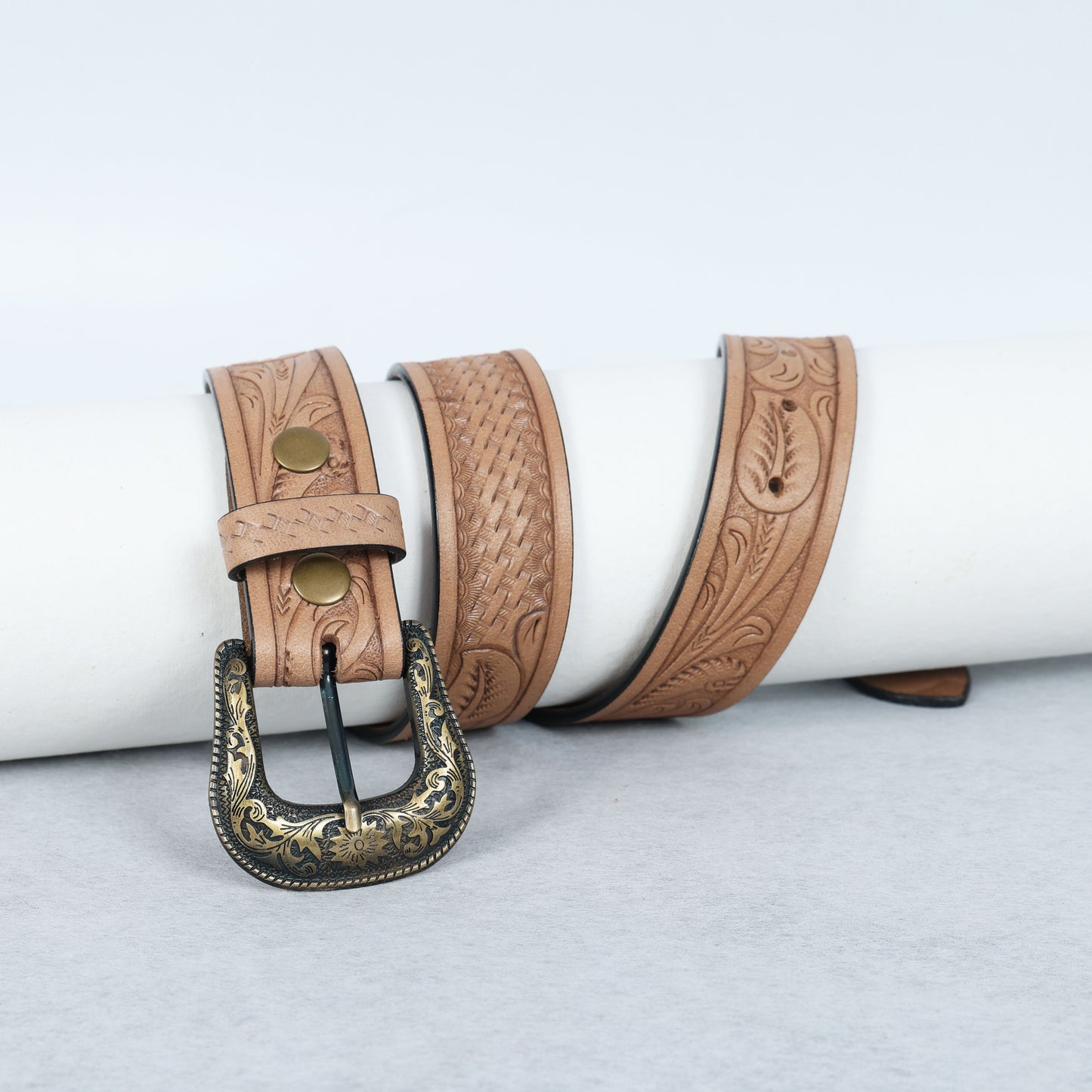 Berbanto Natural Leather Western Belt with Western Engraved Brass Buckle + Free Antique Plain Buckle