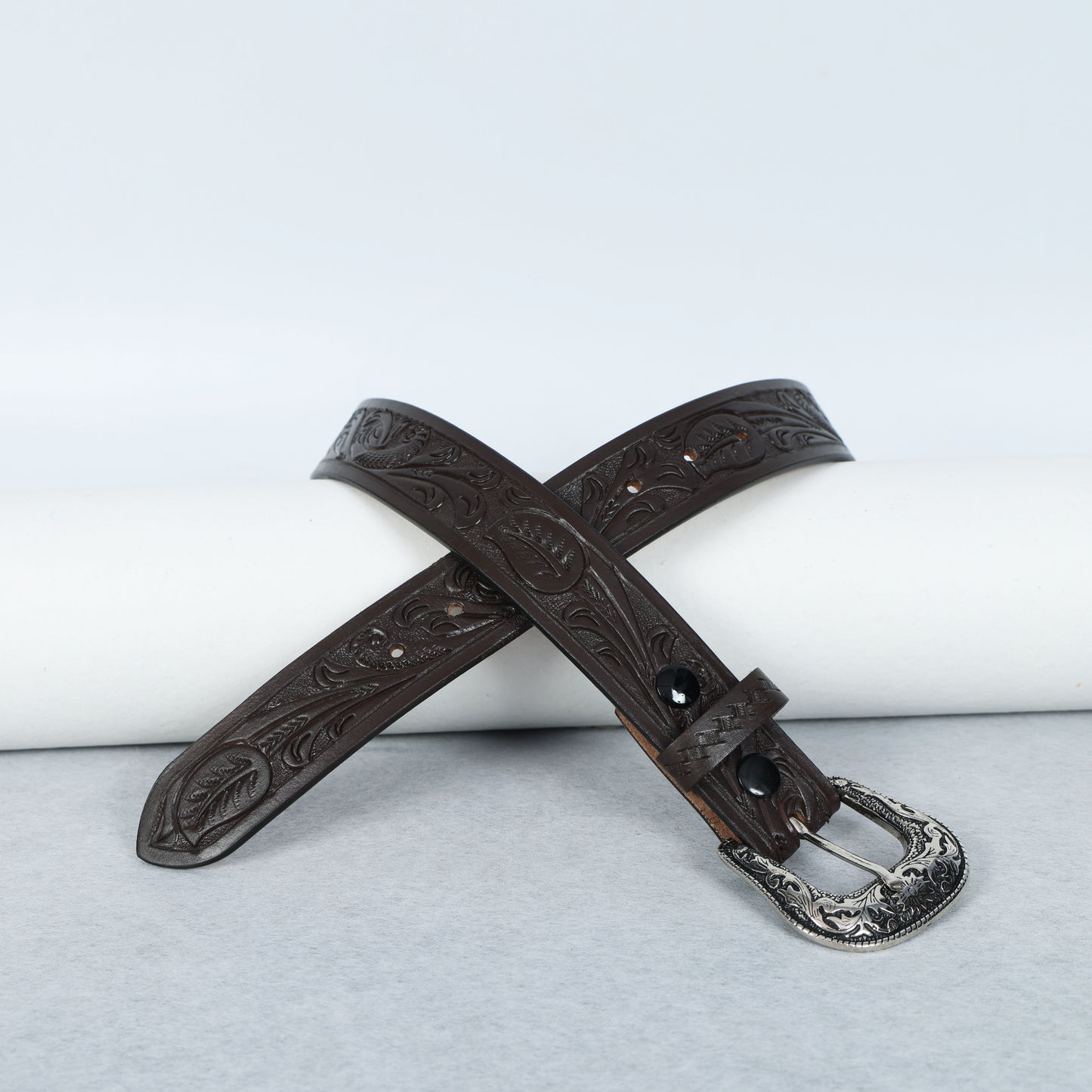 Berbanto Dark Brown Leather Western Belt with Western Engraved Rustic Silver Buckle + Free Antique Plain Buckle