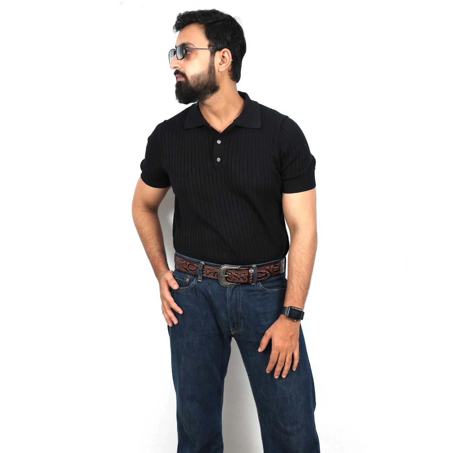 Berbanto Two Tone Brown Leather Western Belt with Western Engraved Black Buckle + Free Antique Plain Buckle
