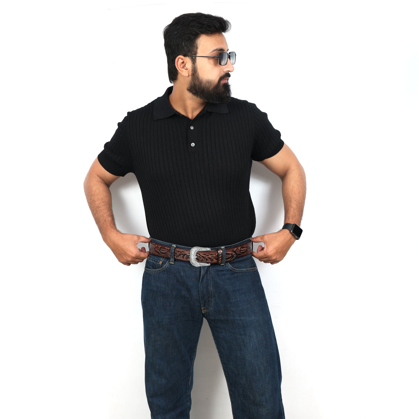 Berbanto Two Tone Brown Leather Western Belt with Western Engraved Silver Buckle + Free Antique Plain Buckle