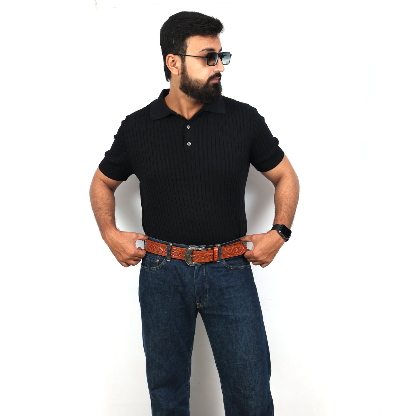 Berbanto Two Tone Tan Leather Western Belt with Western Engraved Black Buckle + Free Antique Plain Buckle