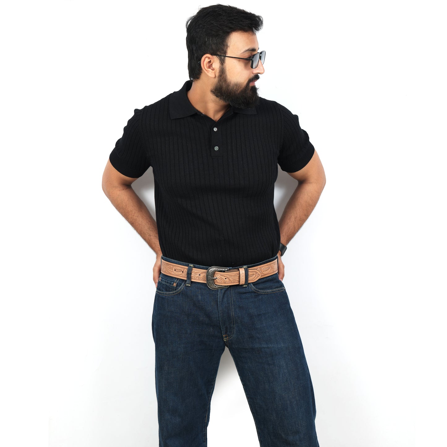 Berbanto Natural Leather Western Belt with Western Engraved Black Buckle + Free Antique Plain Buckle