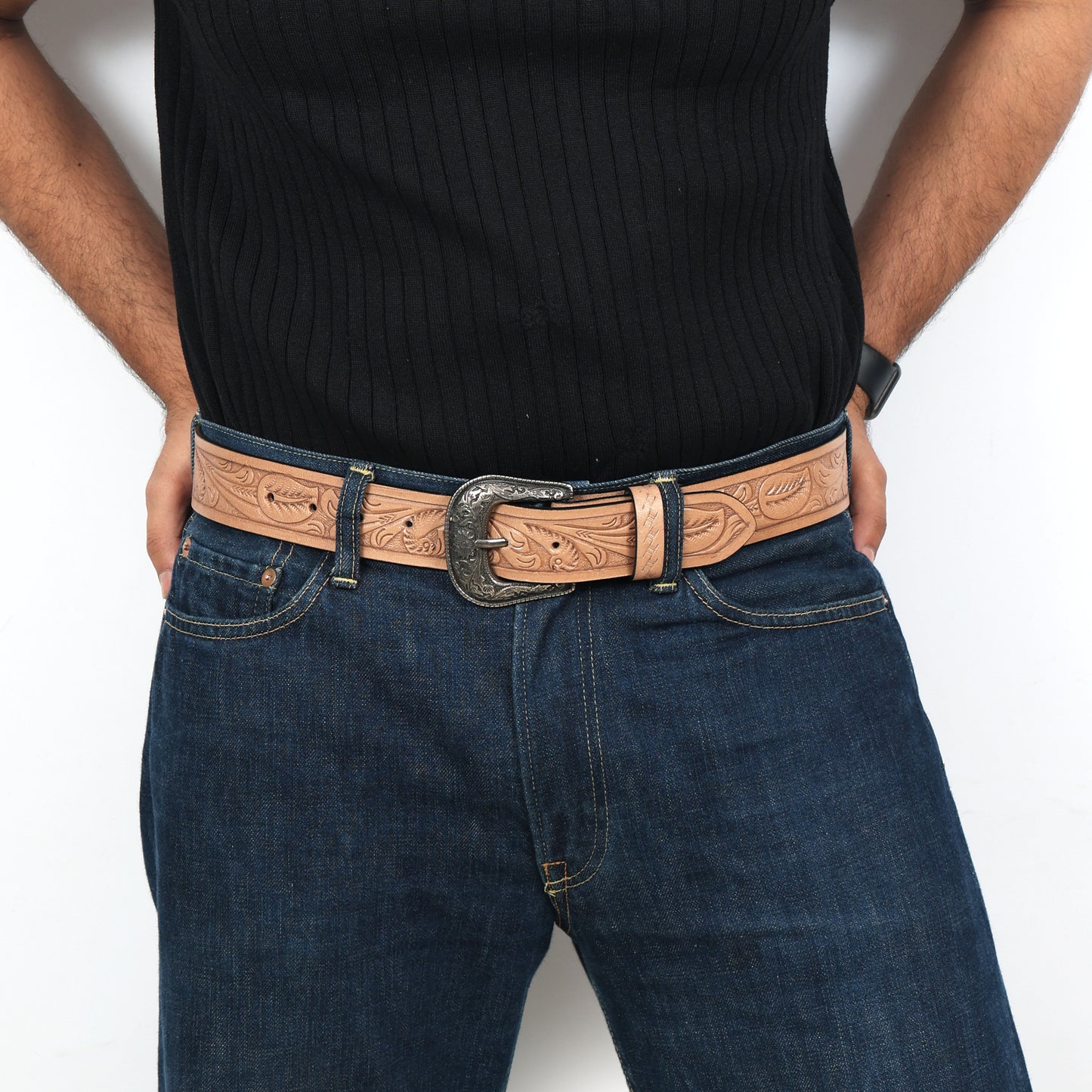 Berbanto Natural Leather Western Belt with Western Engraved Rustic Silver Buckle + Free Antique Plain Buckle