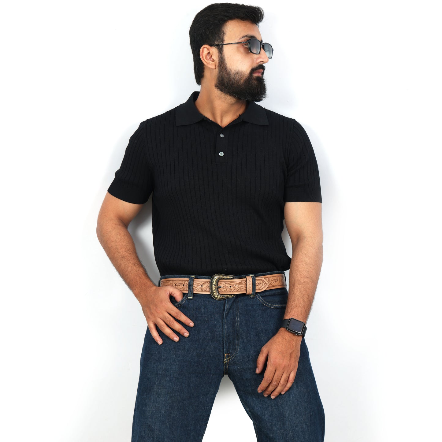 Berbanto Natural Leather Western Belt with Western Engraved Brass Buckle + Free Antique Plain Buckle