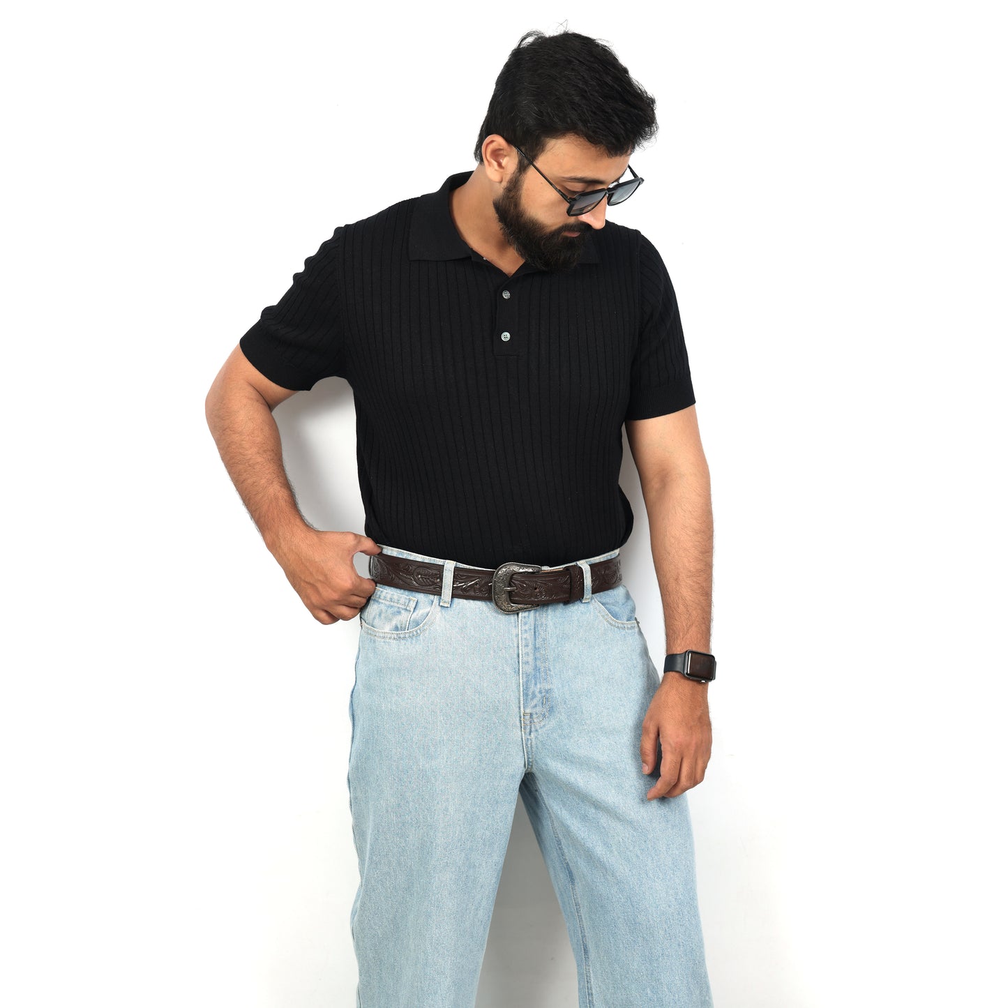 Berbanto Dark Brown Leather Western Belt with Western Engraved Black Buckle + Free Antique Plain Buckle