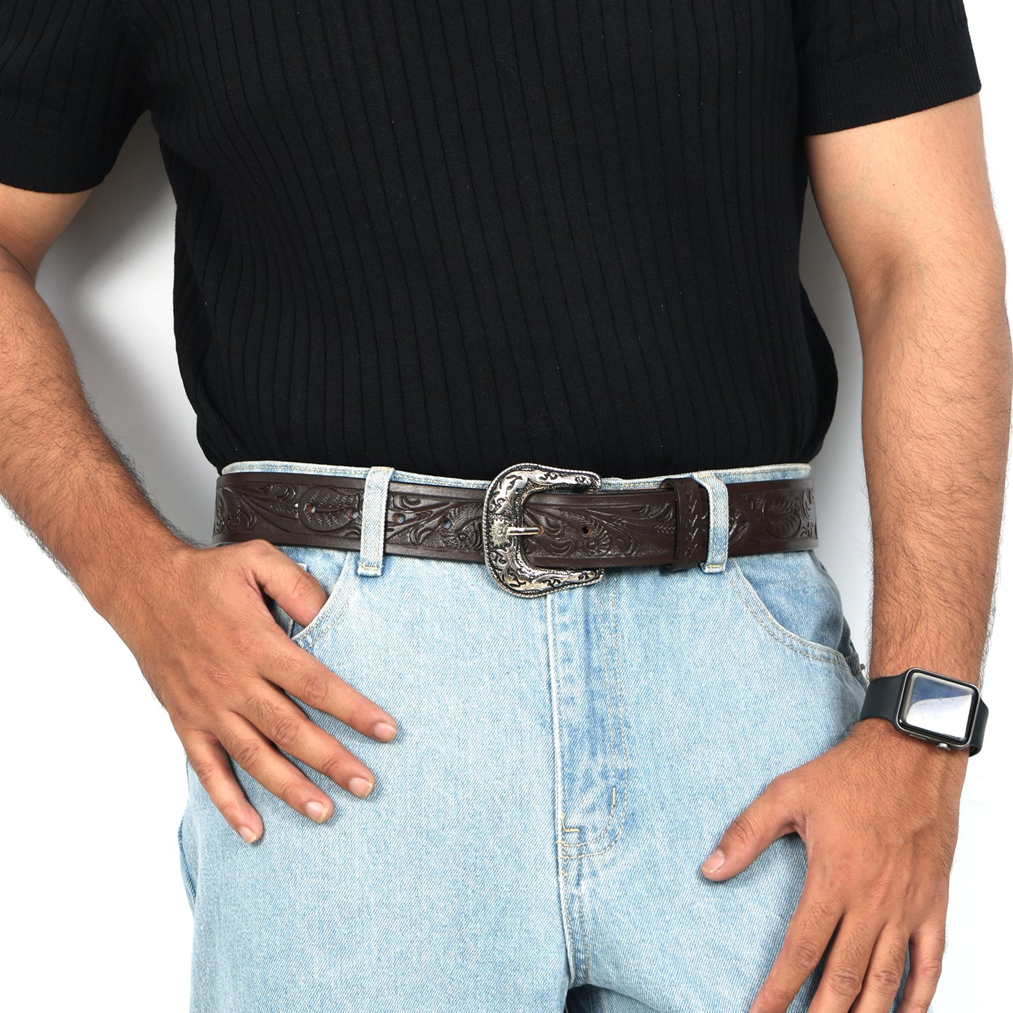 Berbanto Dark Brown Leather Western Belt with Western Engraved Rustic Silver Buckle + Free Antique Plain Buckle