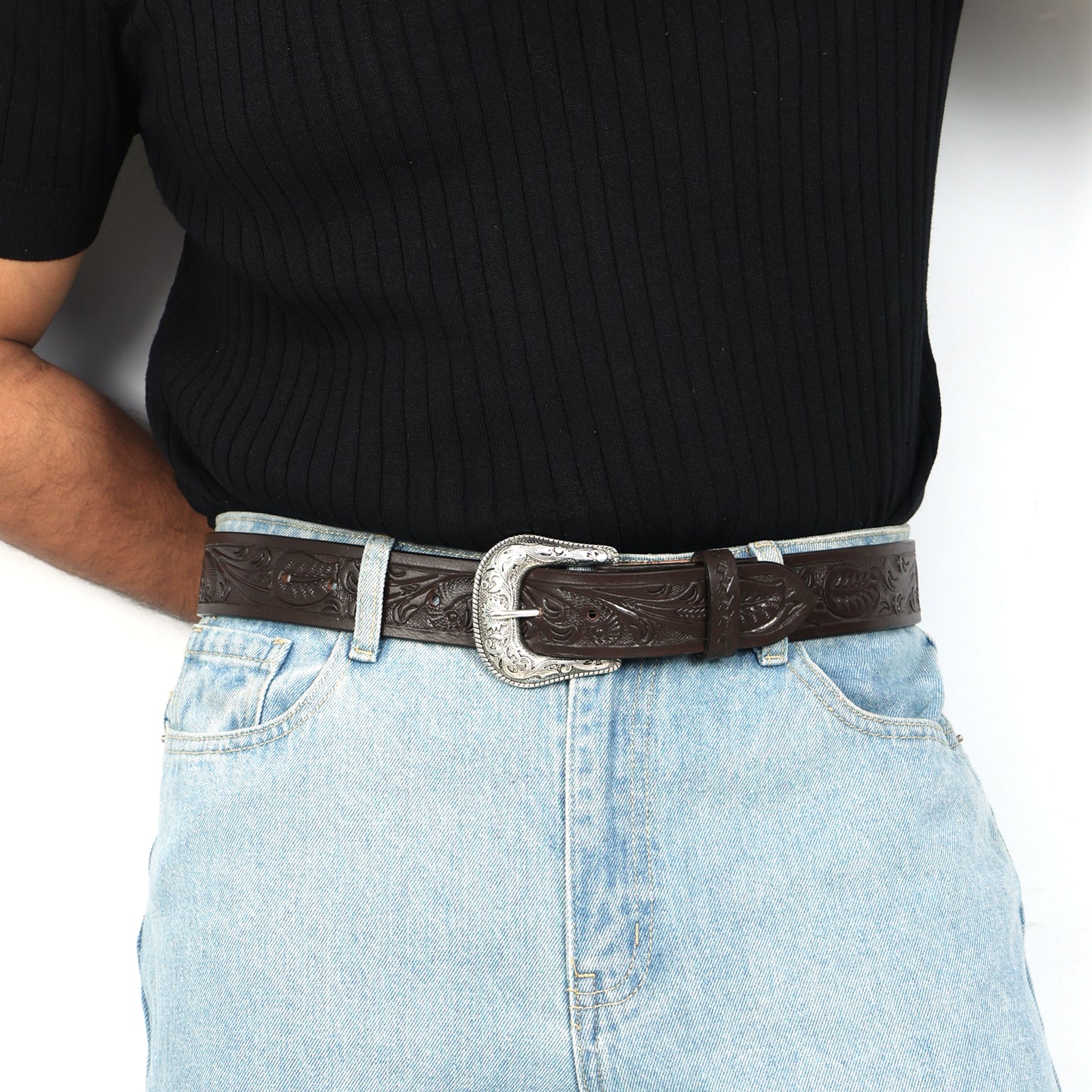 Berbanto Dark Brown Leather Western Belt with Western Engraved Silver Buckle + Free Antique Plain Buckle