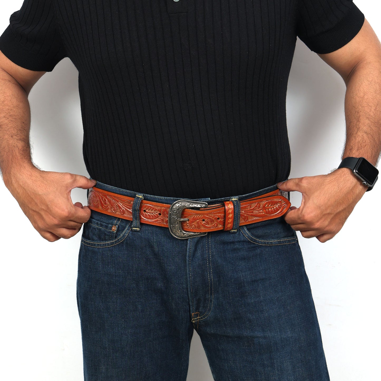 Berbanto Two Tone Tan Leather Western Belt with Western Engraved Black Buckle + Free Antique Plain Buckle