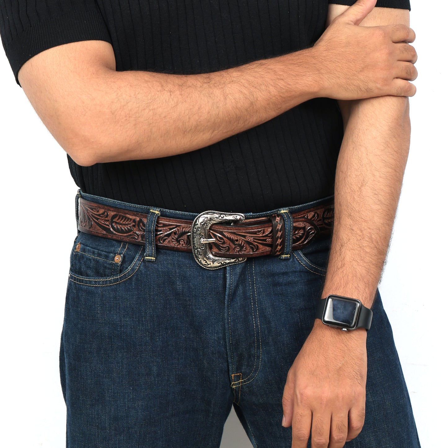 Berbanto Two Tone Brown Leather Western Belt with Western Engraved Rustic Silver Buckle + Free Antique Plain Buckle