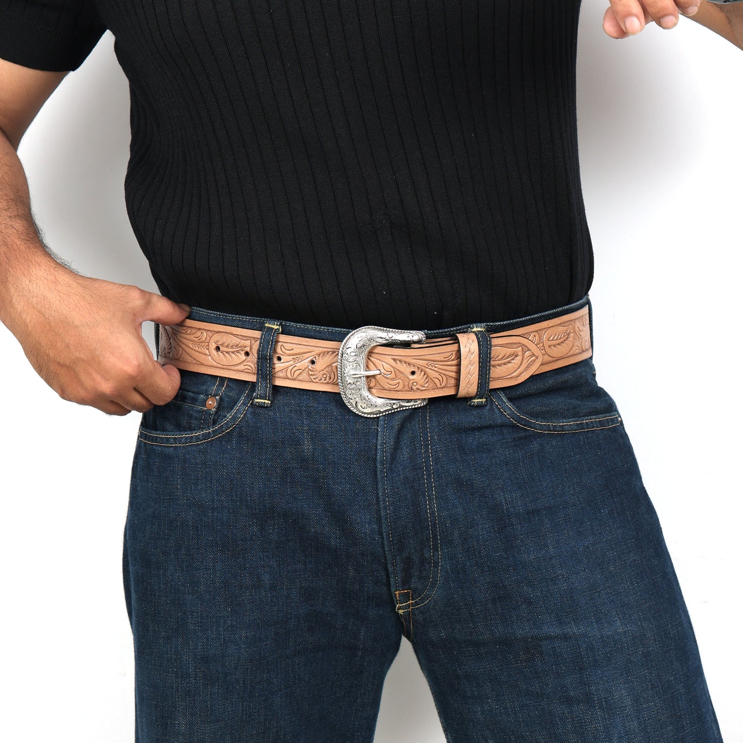 Berbanto Natural Leather Western Belt with Western Engraved Silver Buckle + Free Antique Plain Buckle