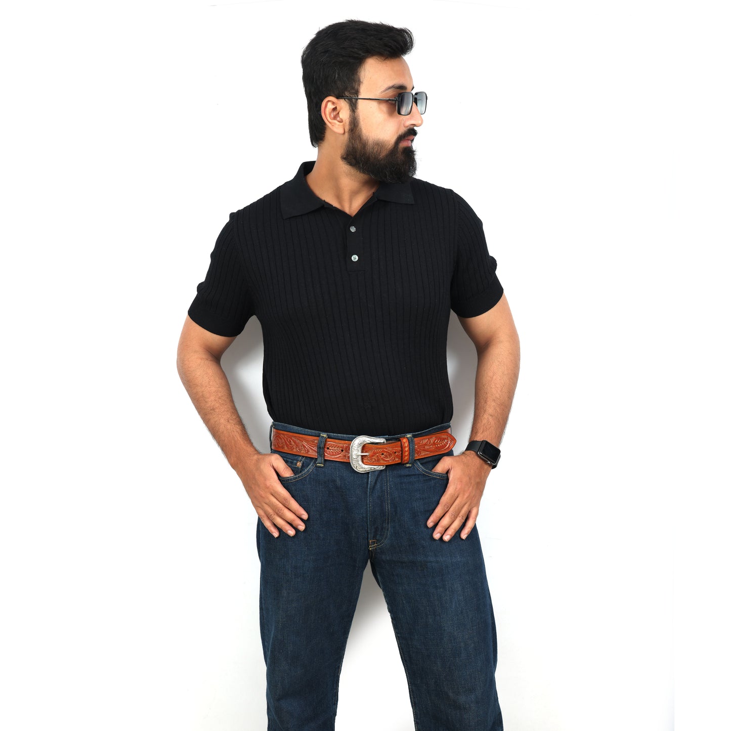 Berbanto Two Tone Tan Leather Western Belt with Western Engraved Silver Buckle + Free Antique Plain Buckle