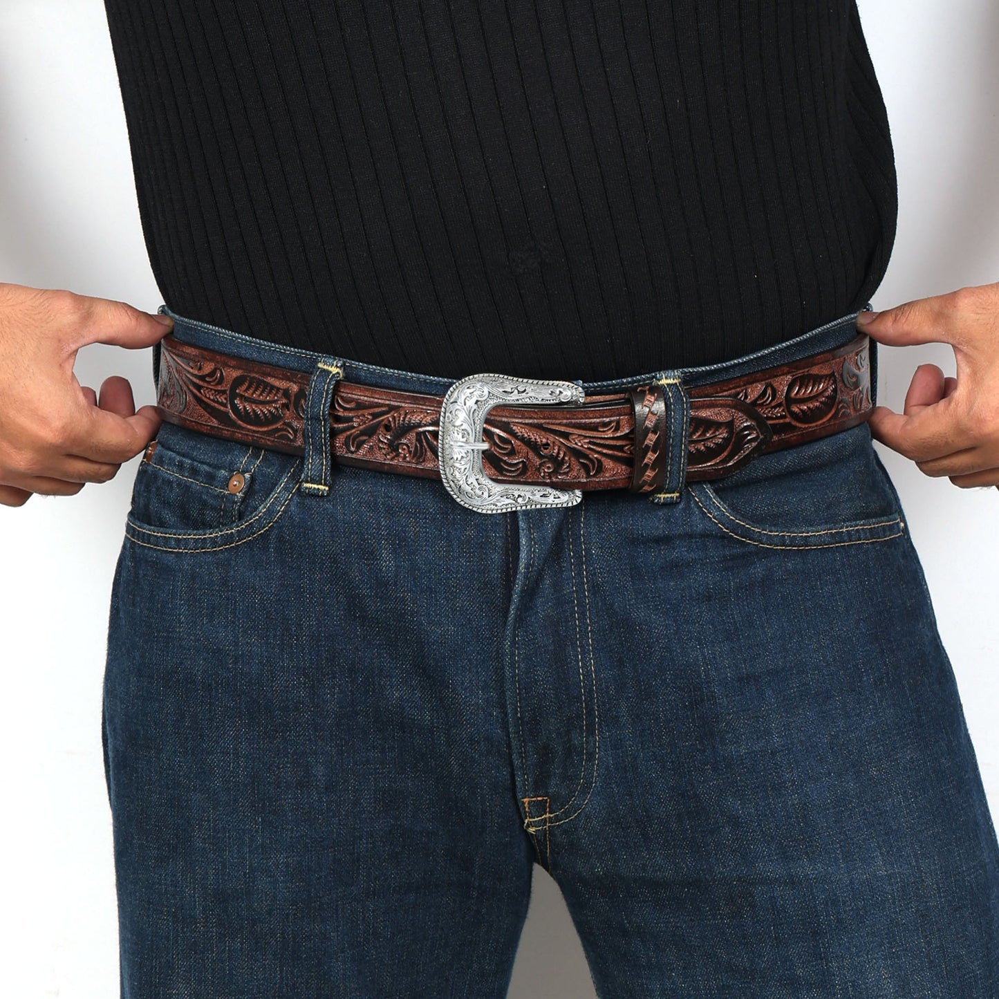 Berbanto Two Tone Brown Leather Western Belt with Western Engraved Silver Buckle + Free Antique Plain Buckle