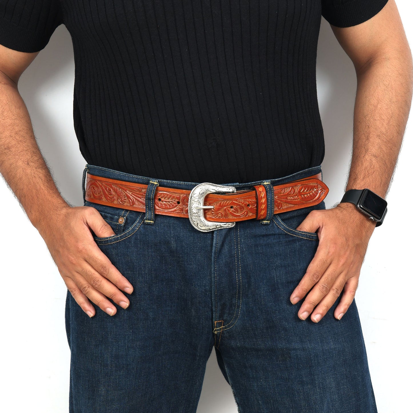 Berbanto Two Tone Tan Leather Western Belt with Western Engraved Silver Buckle + Free Antique Plain Buckle