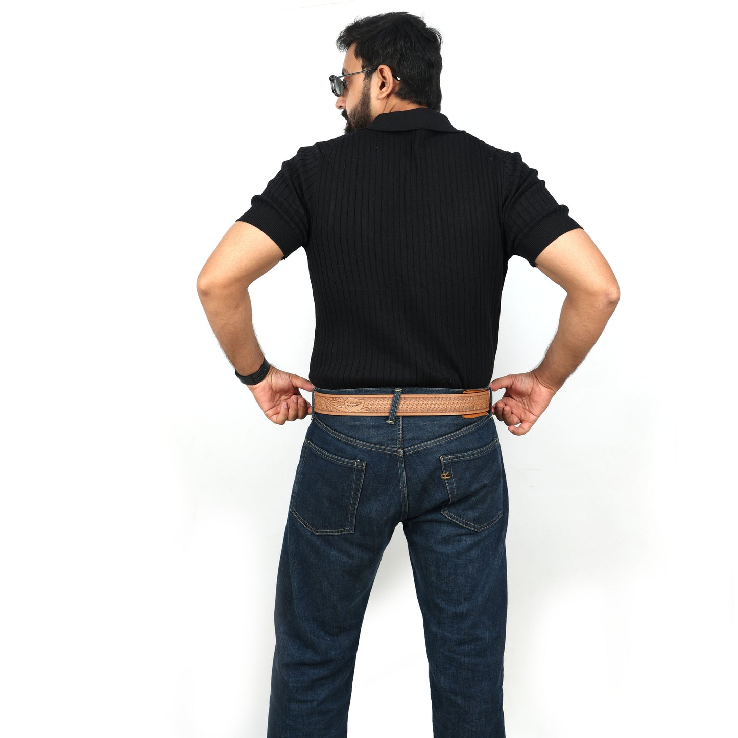Berbanto Natural Leather Western Belt with Western Engraved Black Buckle + Free Antique Plain Buckle