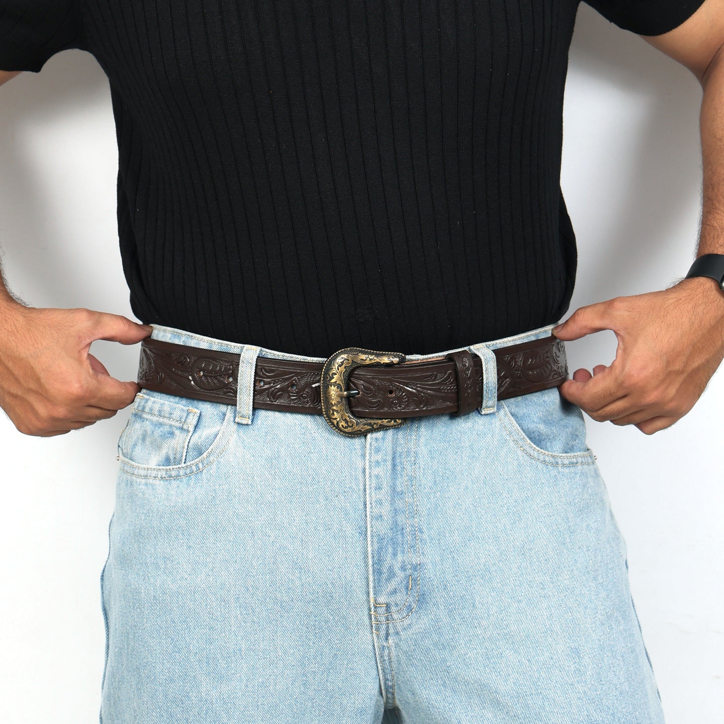 Berbanto Dark Brown Leather Western Belt with Western Engraved Brass Buckle + Free Antique Plain Buckle