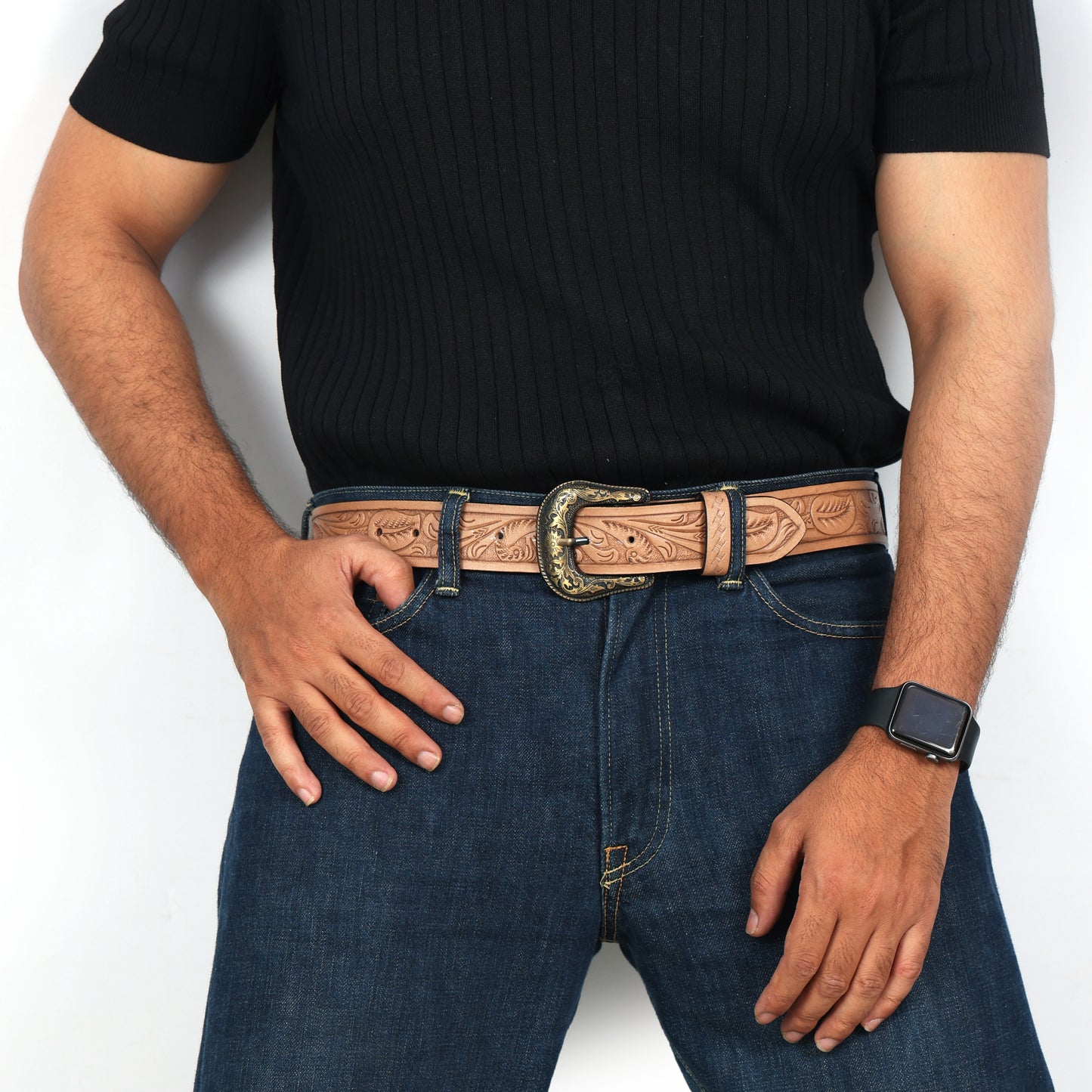 Berbanto Natural Leather Western Belt with Western Engraved Brass Buckle + Free Antique Plain Buckle