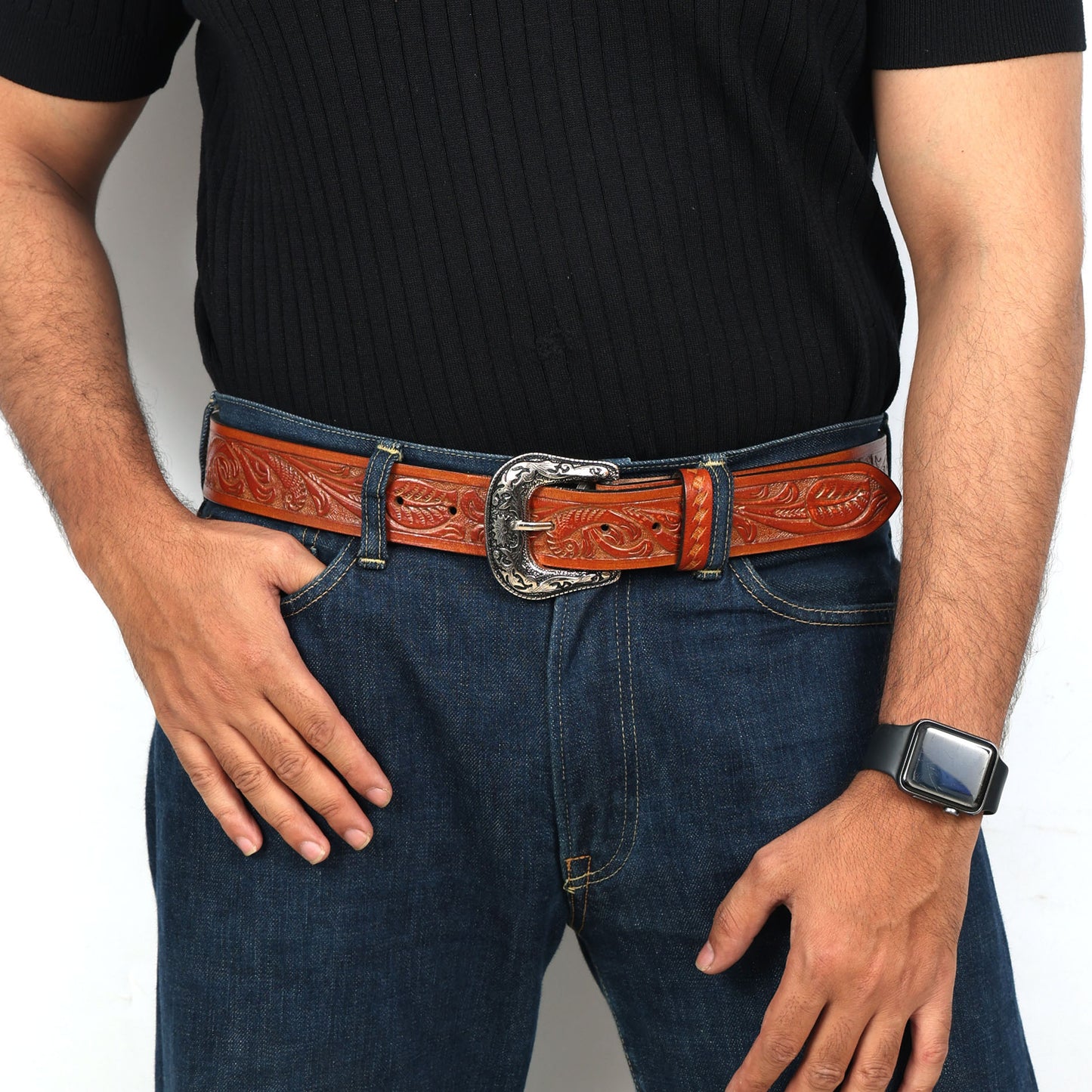 Berbanto Two Tone Tan Leather Western Belt with Western Engraved Rustic Silver Buckle + Free Antique Plain Buckle