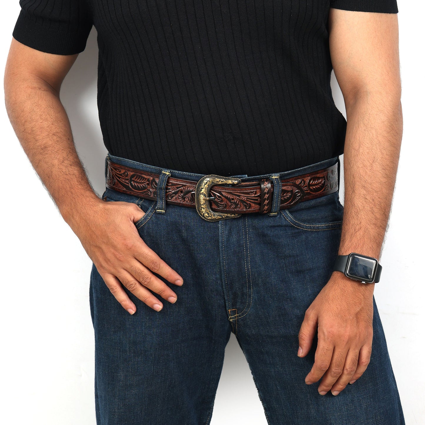 Berbanto Two Tone Brown Leather Western Belt with Western Engraved Brass Buckle + Free Antique Plain Buckle