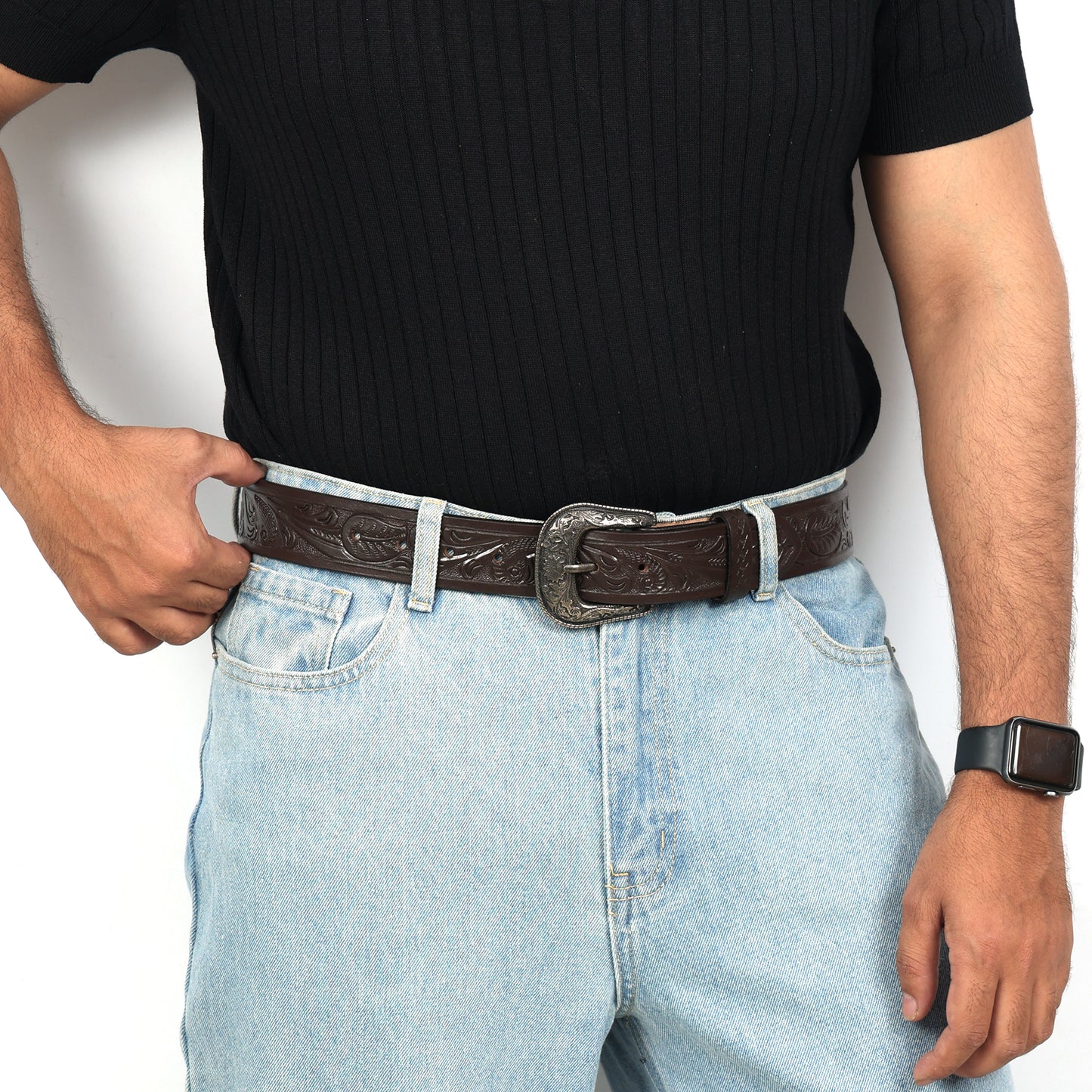 Berbanto Dark Brown Leather Western Belt with Western Engraved Black Buckle + Free Antique Plain Buckle