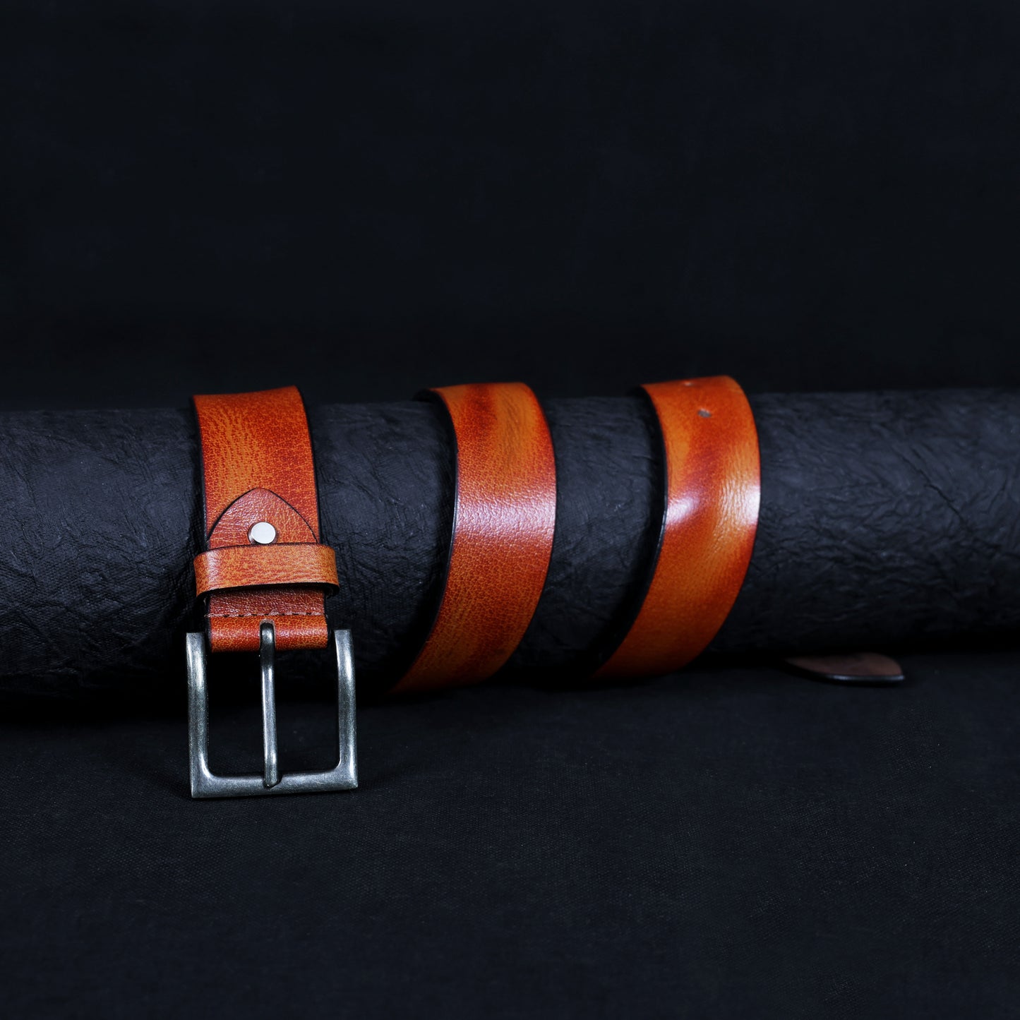 Tan Hand-Painted Leather Belt - Hammered with Antique Buckle