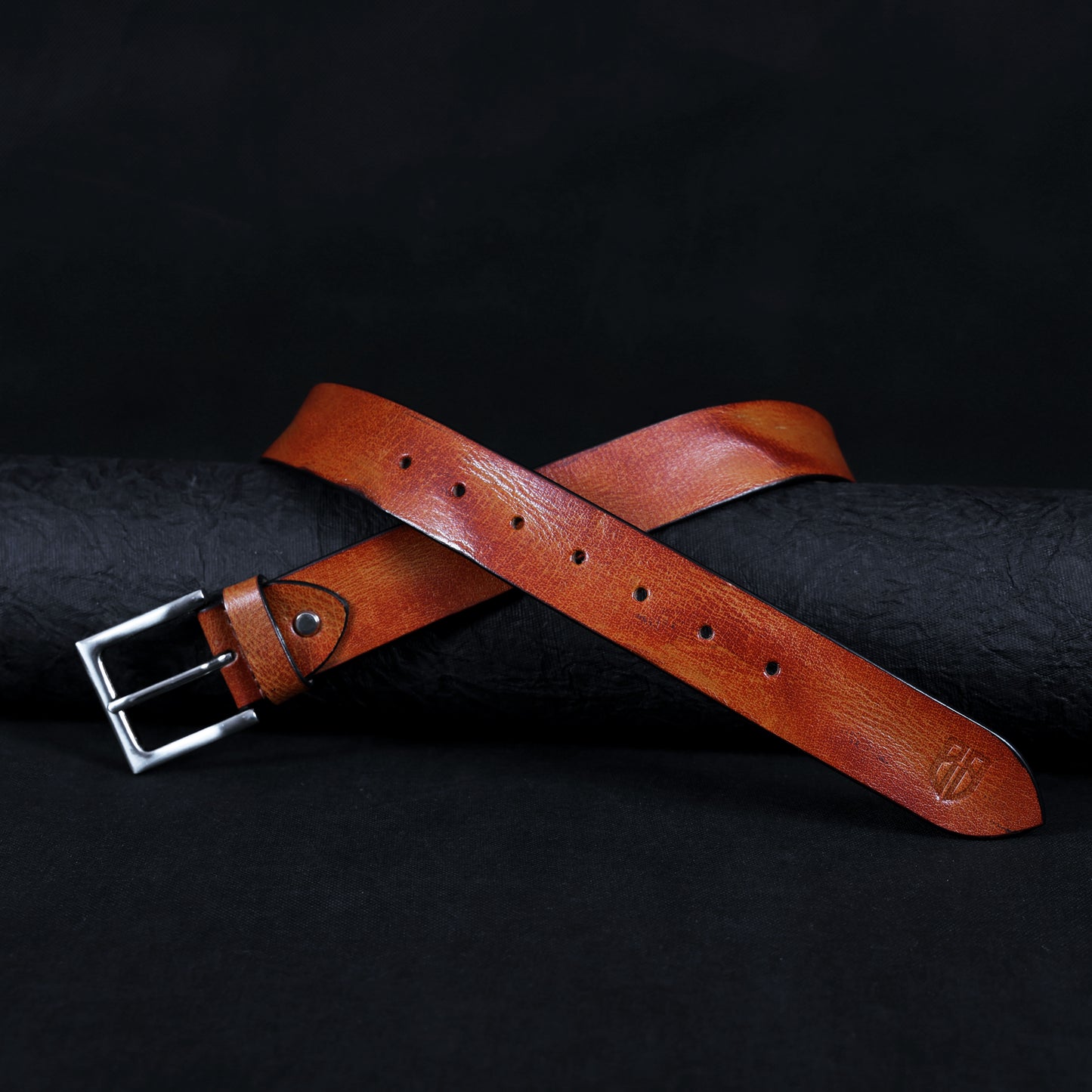 Tan Hand-Painted Leather Belt - Hammered with Silver Buckle