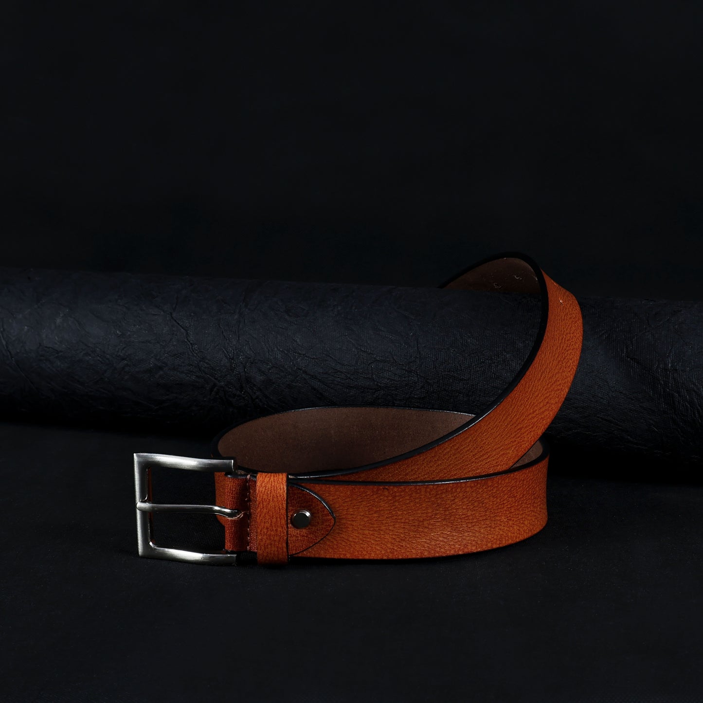 Tan Hand-Painted Leather Belt - Tree Pattern with Silver Buckle