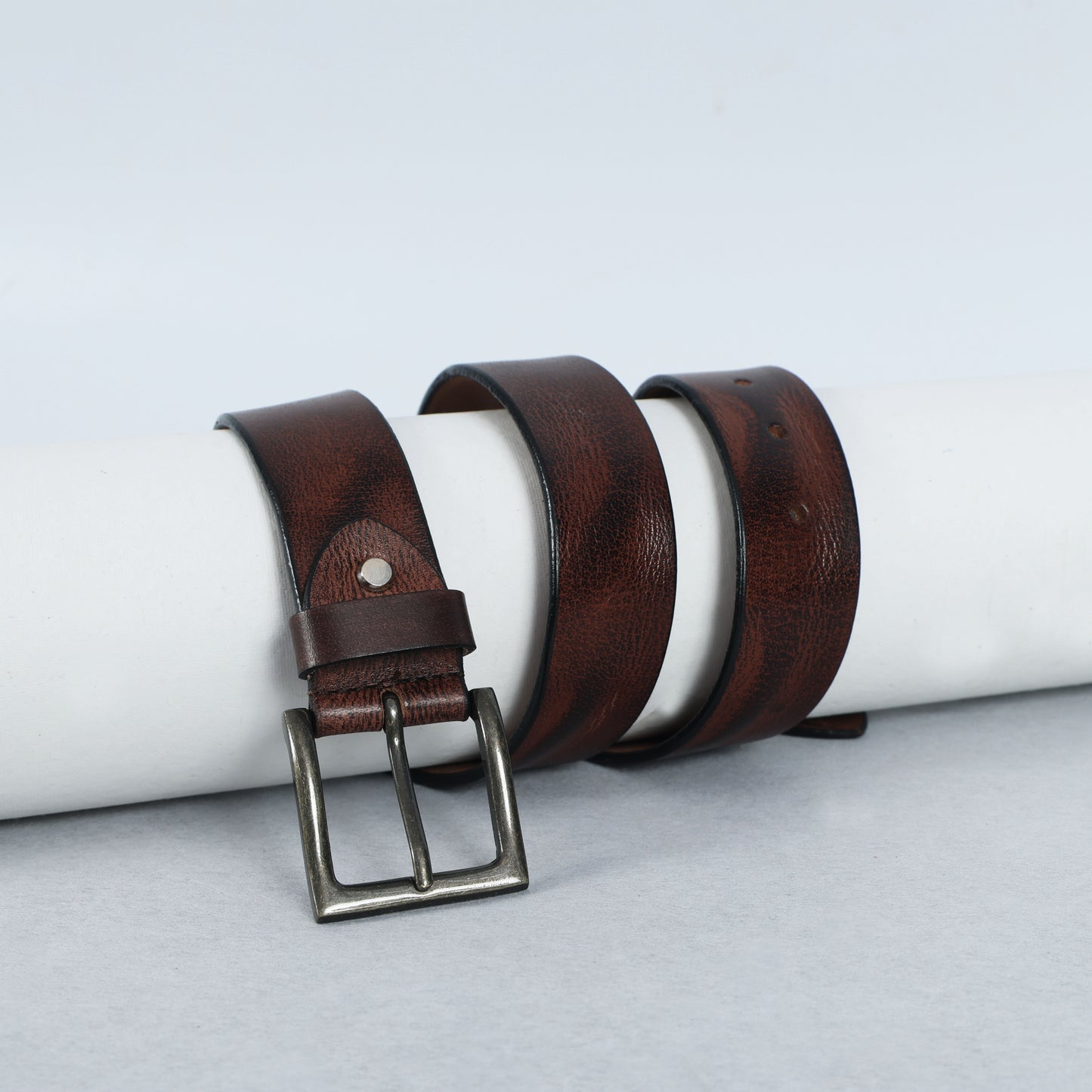Brown Hand-Painted Leather Belt - Distressed with Antique Buckle