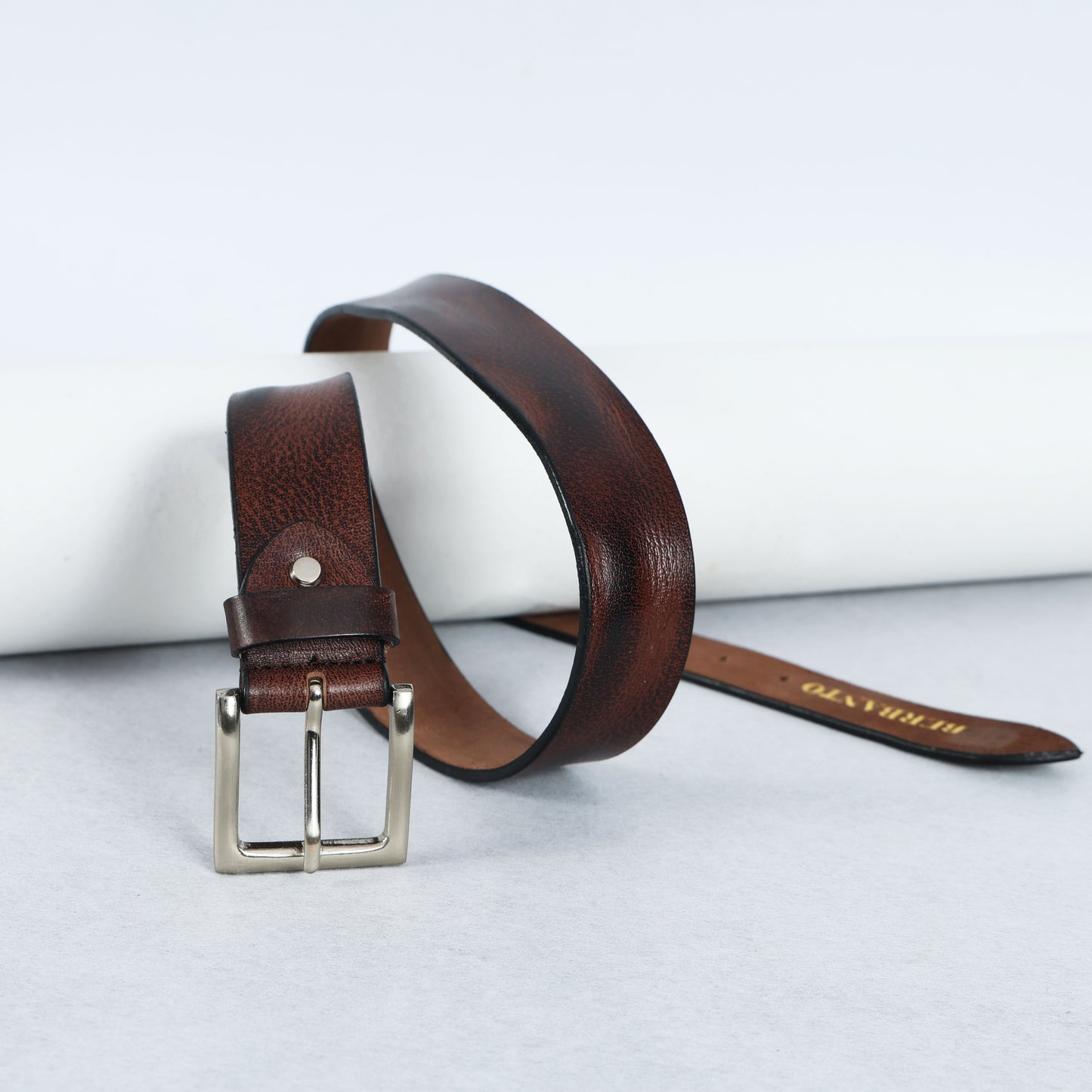 Brown Hand-Painted Leather Belt - Distressed with Silver Buckle