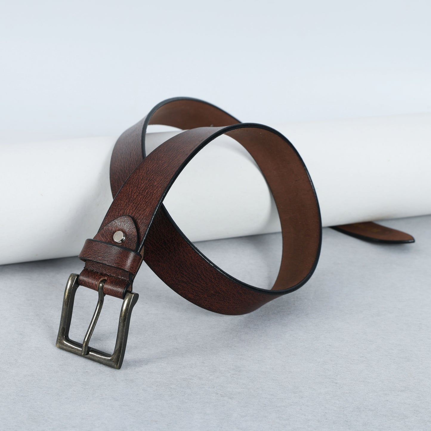 Brown Hand-Painted Leather Belt - Tree Pattern with Antique Buckle