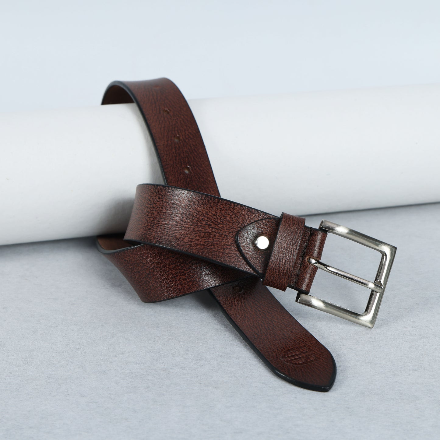 Brown Hand-Painted Leather Belt - Tree Pattern with Silver Buckle