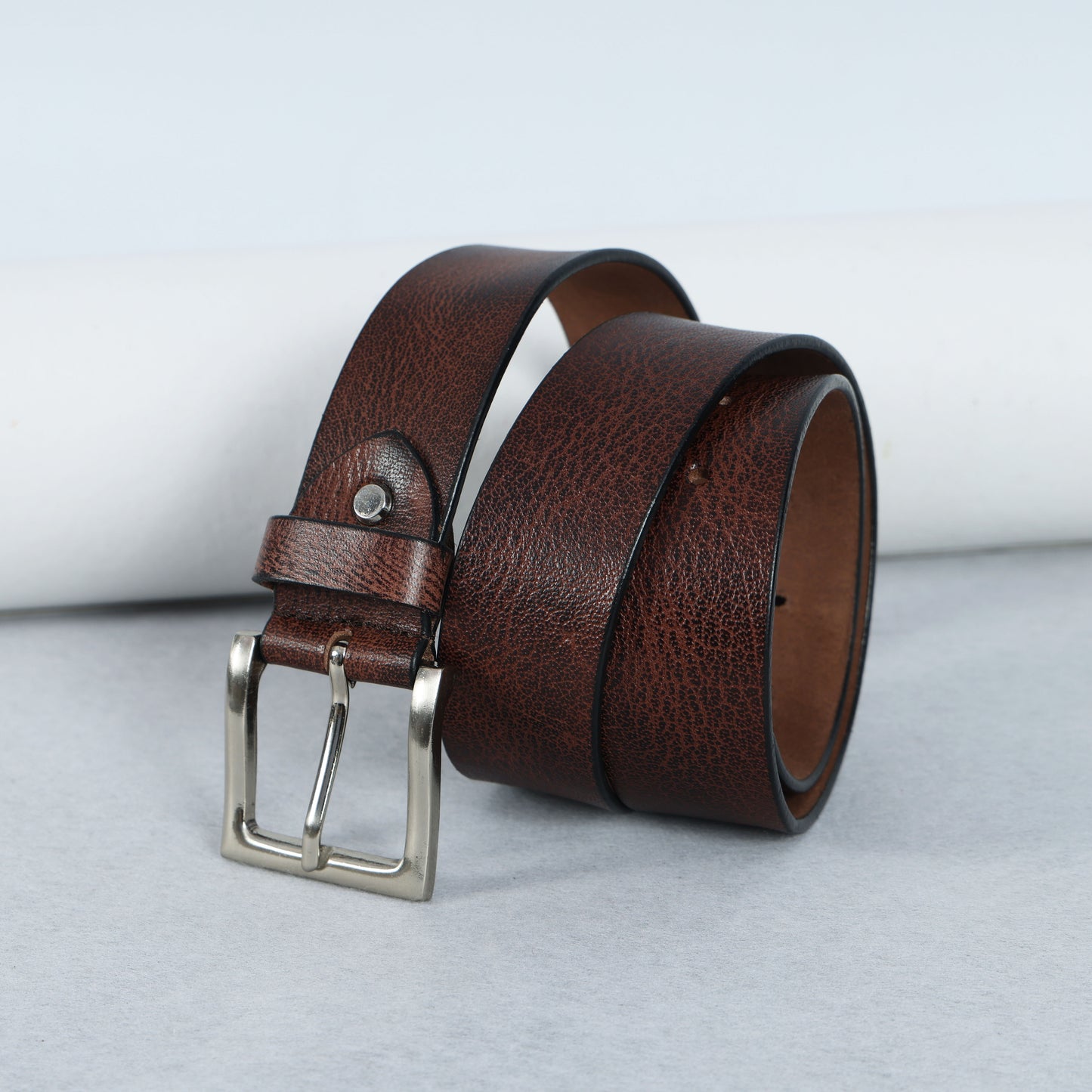 Brown Hand-Painted Leather Belt - Hammered with Silver Buckle