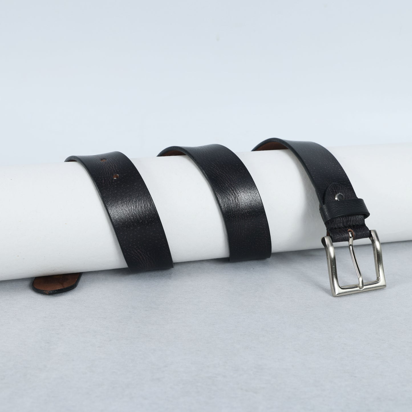 Black Hand-Painted Leather Belt - Hammered with Silver Buckle