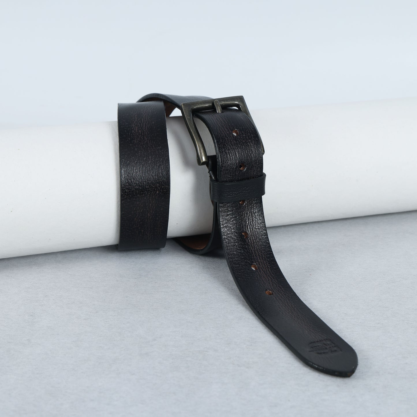 Black Hand-Painted Leather Belt - Hammered with Antique Buckle