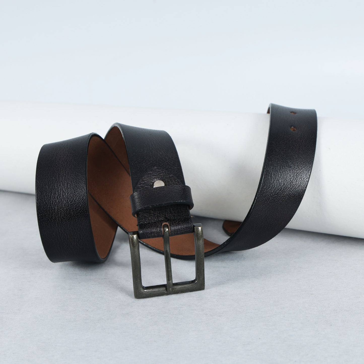 Black Hand-Painted Leather Belt - Distressed with Antique Buckle