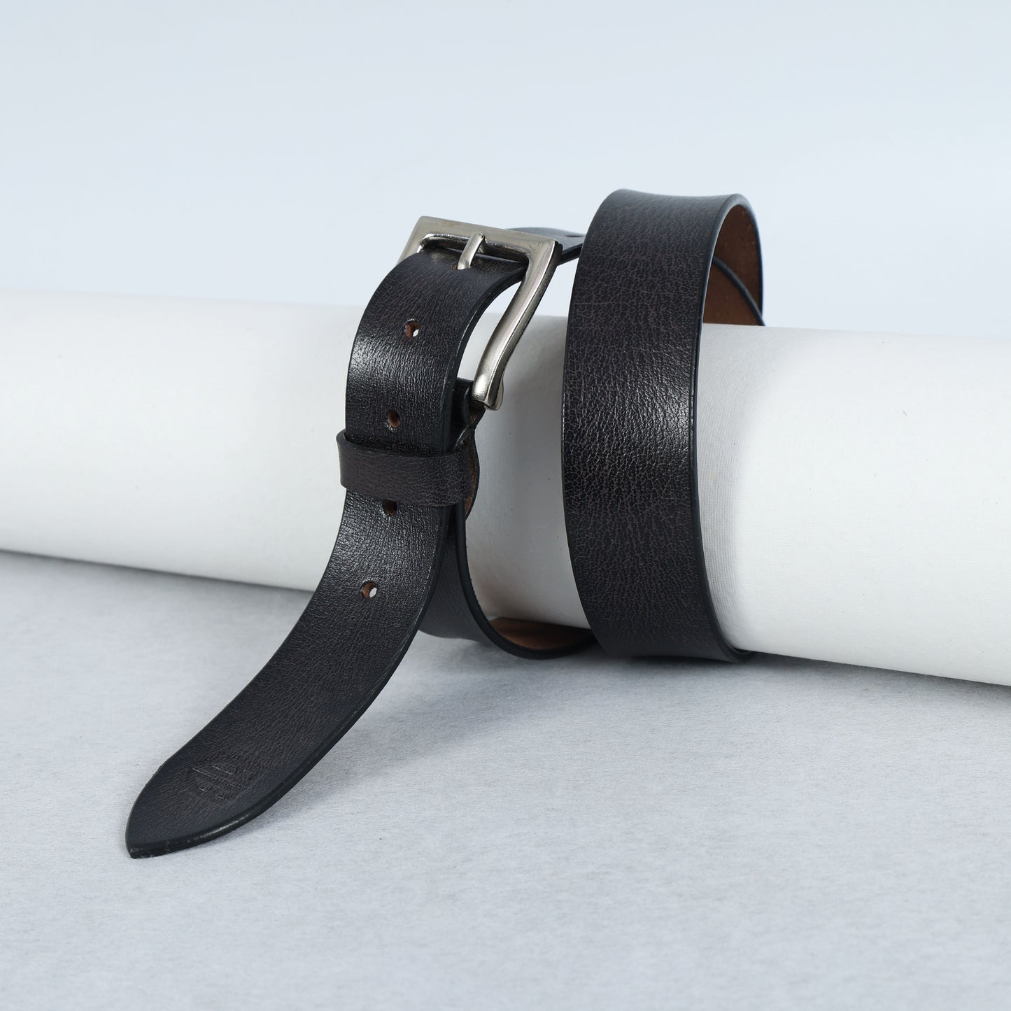 Black Hand-Painted Leather Belt - Tree Pattern with Silver Buckle