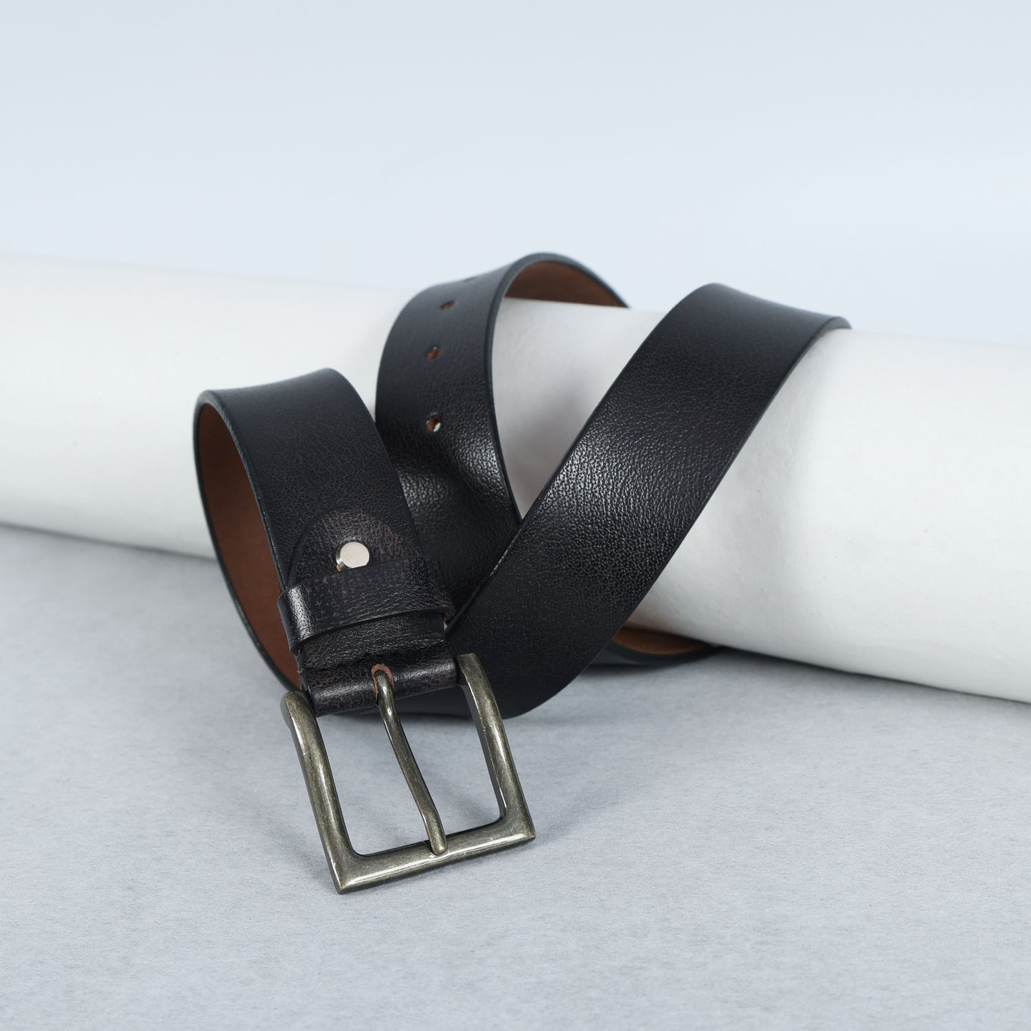 Black Hand-Painted Leather Belt - Tree Pattern with Antique Buckle