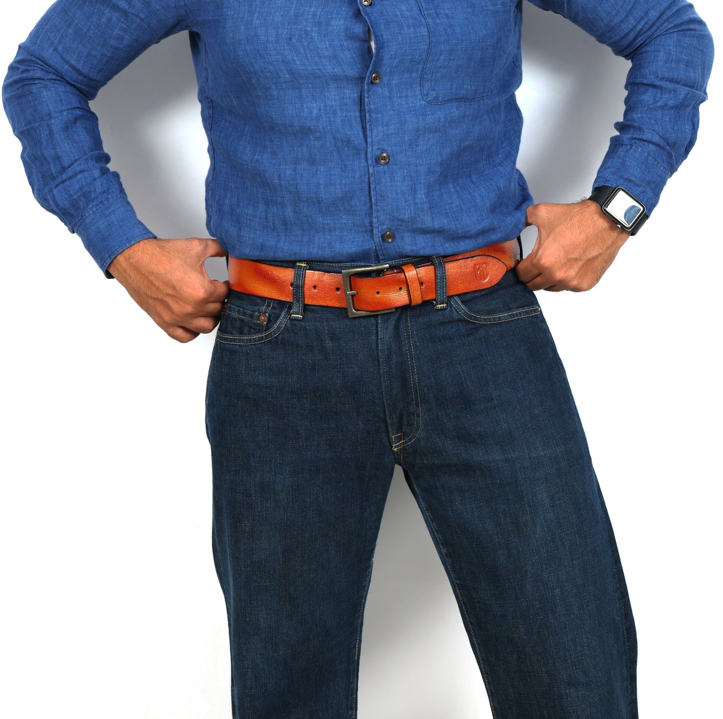 Tan Hand-Painted Leather Belt - Hammered with Antique Buckle