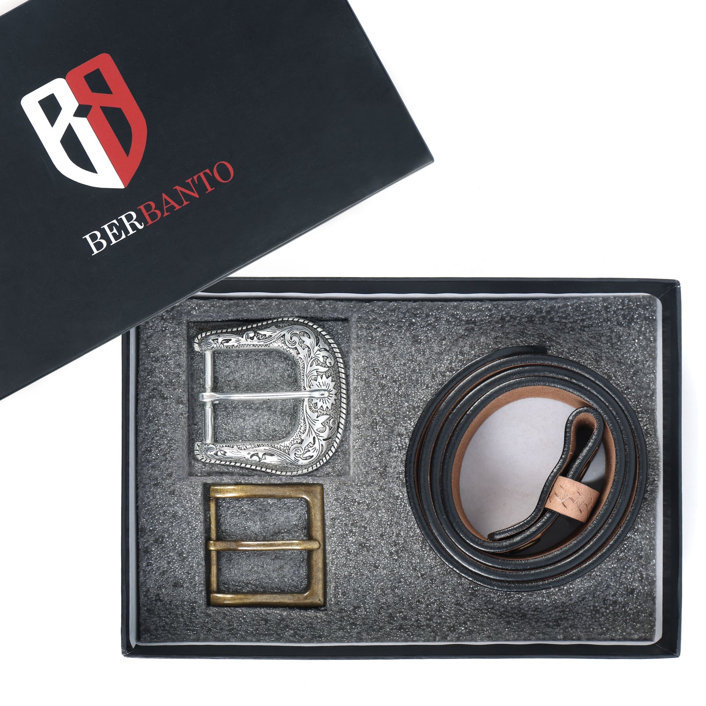 Berbanto Natural Leather Western Belt with Western Engraved Silver Buckle + Free Antique Plain Buckle