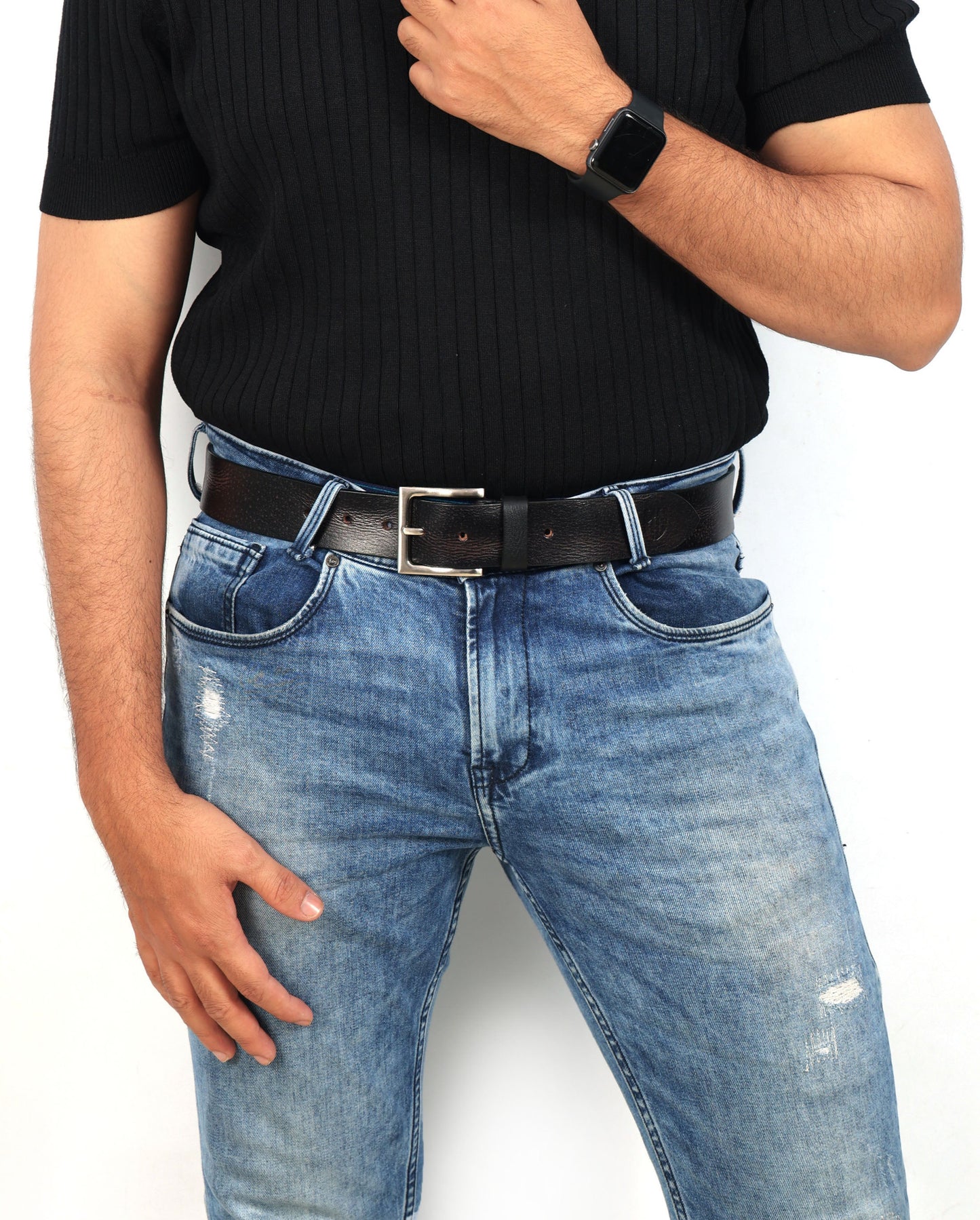 Black Hand-Painted Leather Belt - Hammered with Silver Buckle