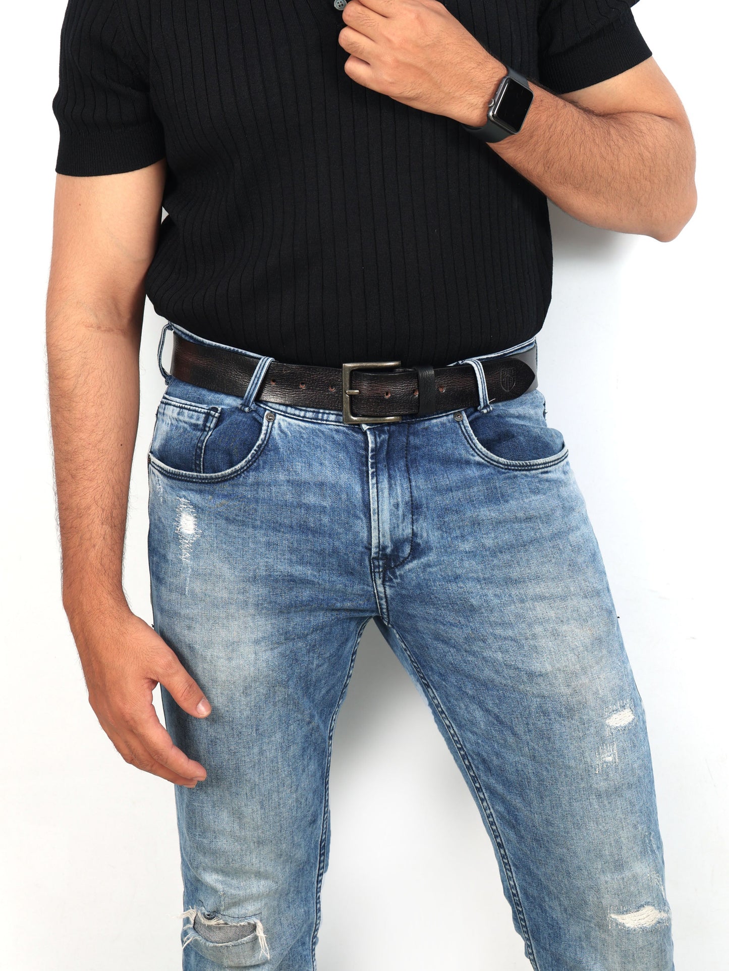 Black Hand-Painted Leather Belt - Hammered with Antique Buckle