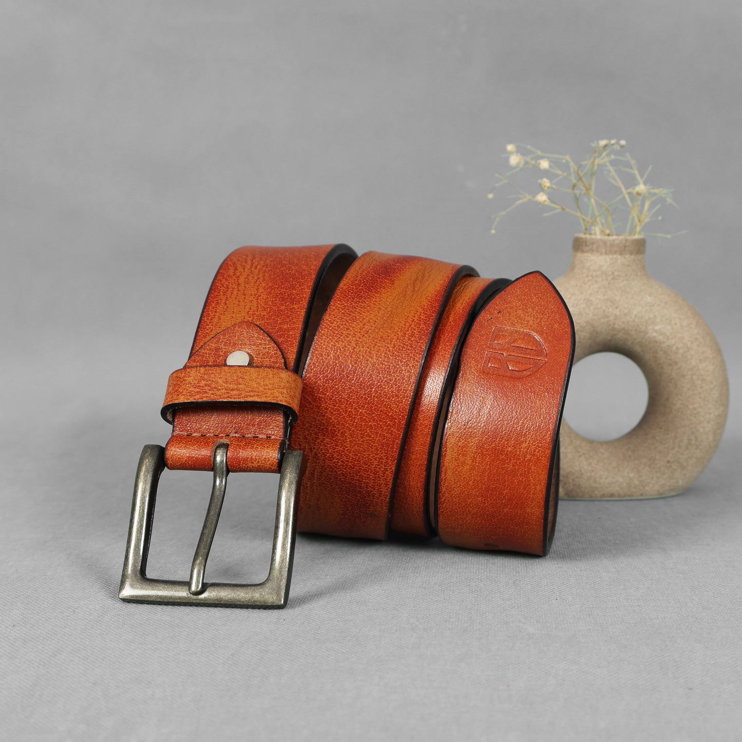 Tan Hand-Painted Leather Belt - Hammered with Antique Buckle