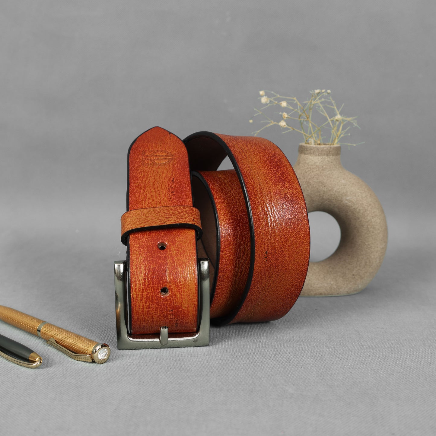Tan Hand-Painted Leather Belt - Hammered with Silver Buckle