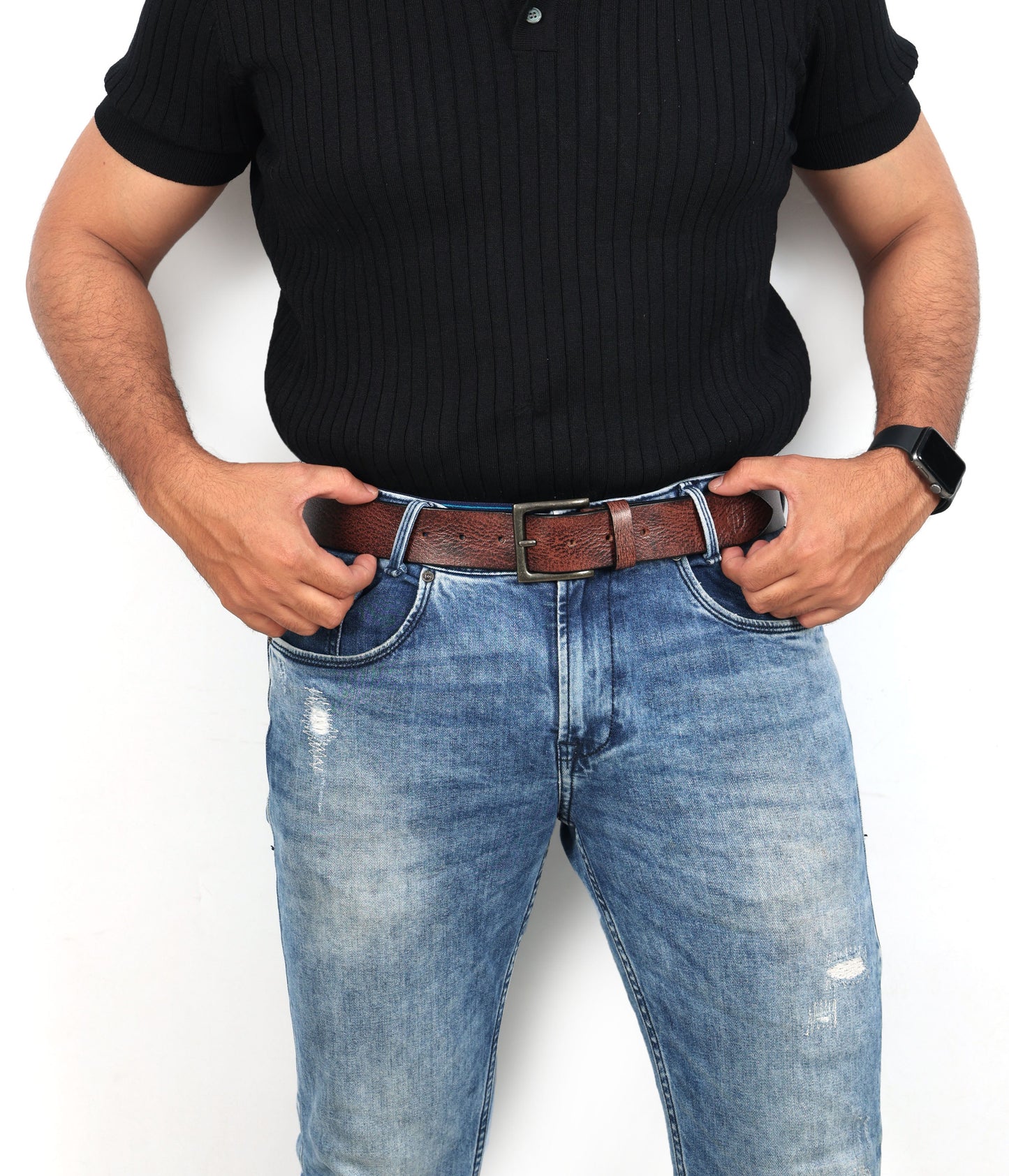 Brown Hand-Painted Leather Belt - Hammered with Antique Buckle