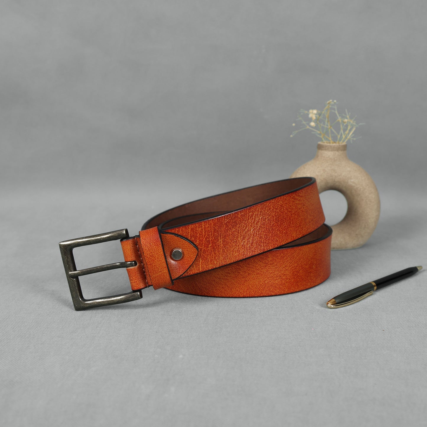 Tan Hand-Painted Leather Belt - Distressed with Antique Buckle
