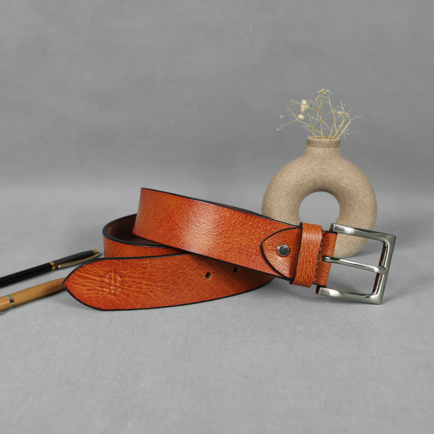 Tan Hand-Painted Leather Belt - Distressed with Silver Buckle