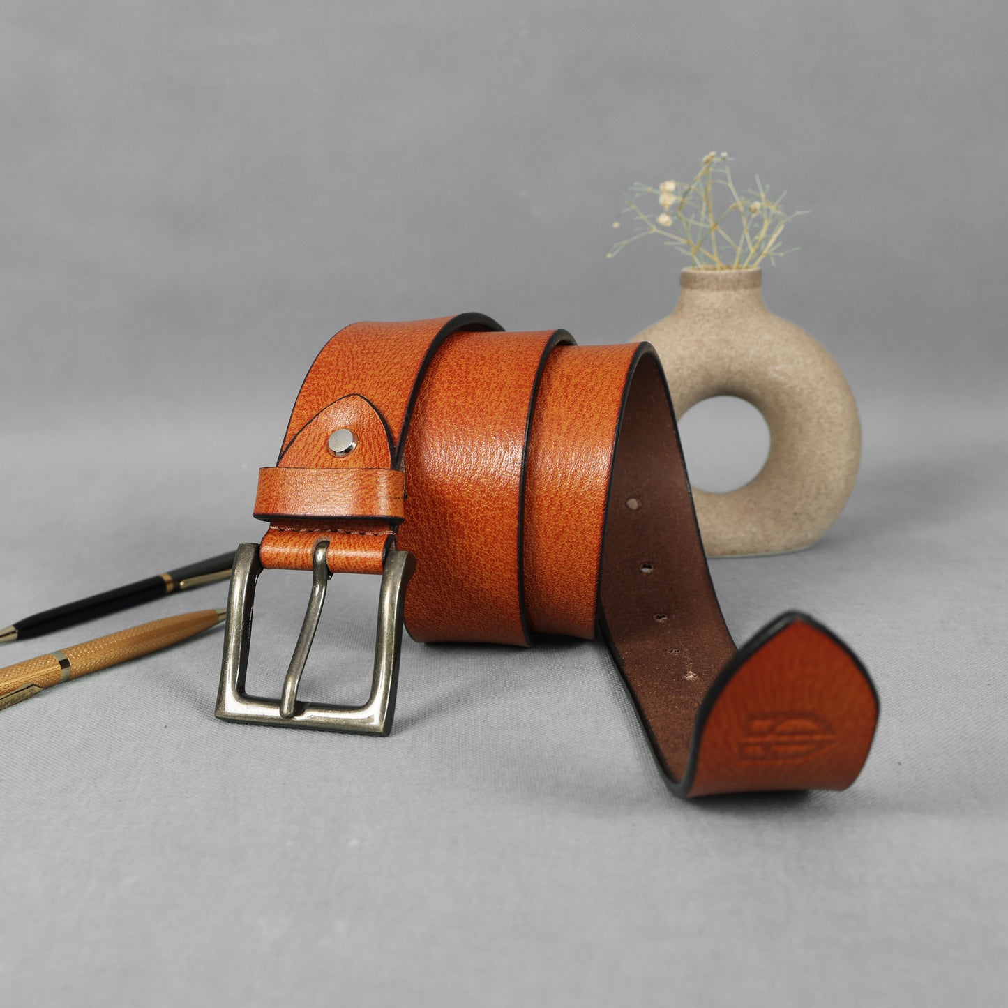 Tan Hand-Painted Leather Belt - Tree Pattern with Antique Buckle