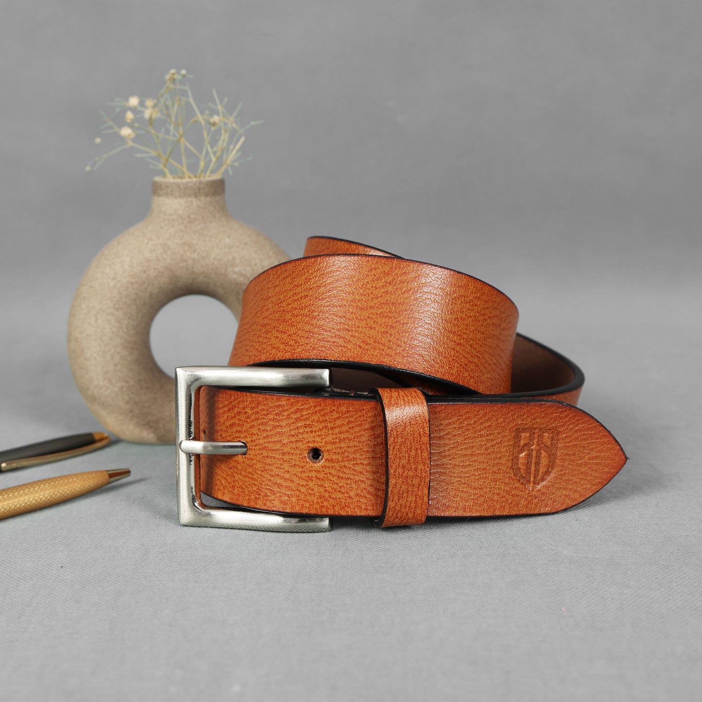 Tan Hand-Painted Leather Belt - Tree Pattern with Silver Buckle
